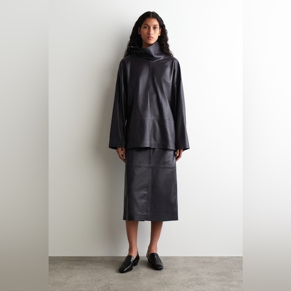 COS Leather Black Midi Skirt $479 MSRP Sz 10 - Picture 4 of 9